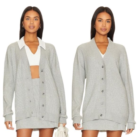 WeWoreWhat Varsity Schoolgirl V-neck Cable Cardigan Sz M/L NWT Heather‎ Gray - Picture 1 of 15